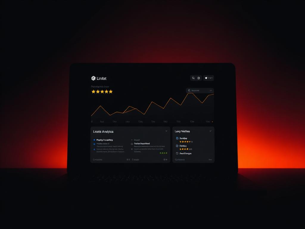 Analytics dashboard with rising traffic and five star reviews