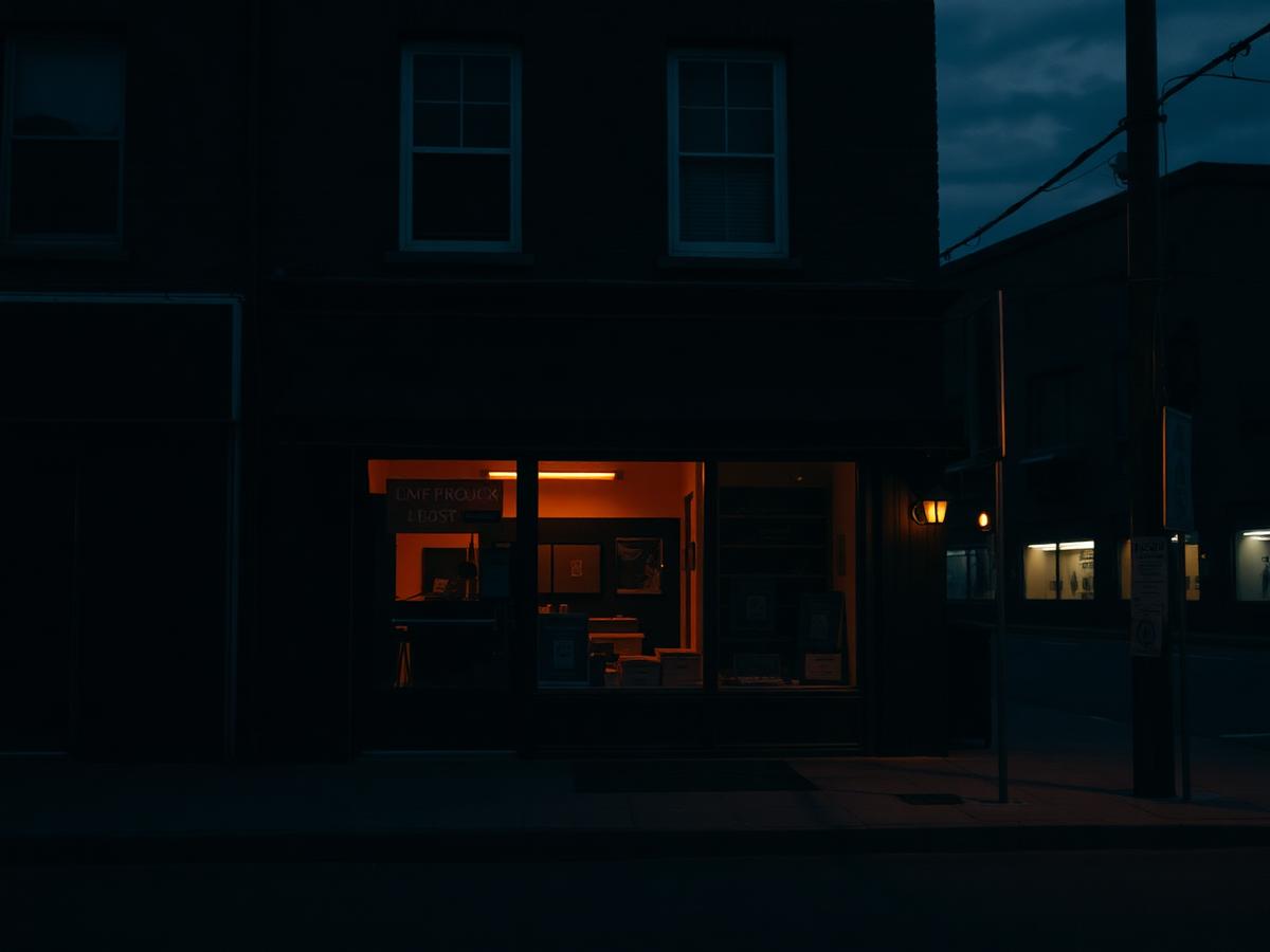 Local storefront at dusk